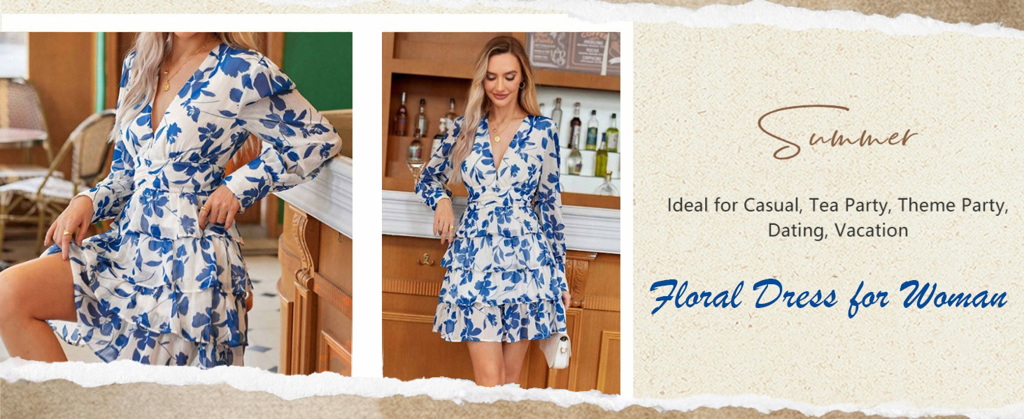Leriya Fashion Women’s V-Neck Floral Print Ruffle Long Sleeve A-Line Mini Dress | Elegant Casual Party Outfit | Lightweight Layered Summer Wear