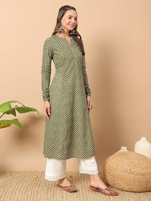FIORRA Womens Cotton Regular Fit Floral Printed A-Line Kurta